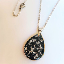 Necklace pendant, black with silver leaf